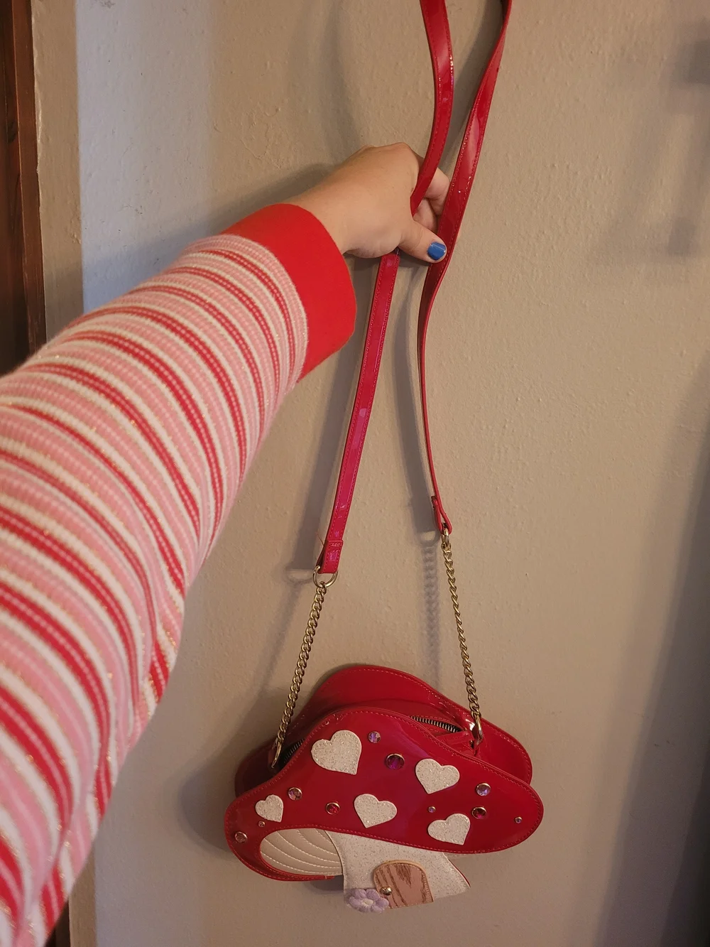 Betsey Johnson Red Mushroom Heart Crossbody Bag Toadstool Sparkly Rhinestone EUC